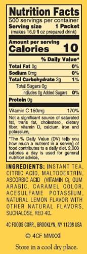 4C Powder Drink Stix, Lemon Tea 500 Count, Bulk Buy, Singles Stix, On the Go, Refreshing Water