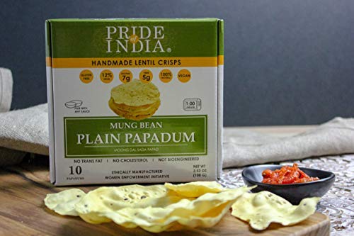 Pride Of India - Mung Bean Plain Papadum Lentil Crisp, Pack of 6-10 count (3.53oz - 100gm)