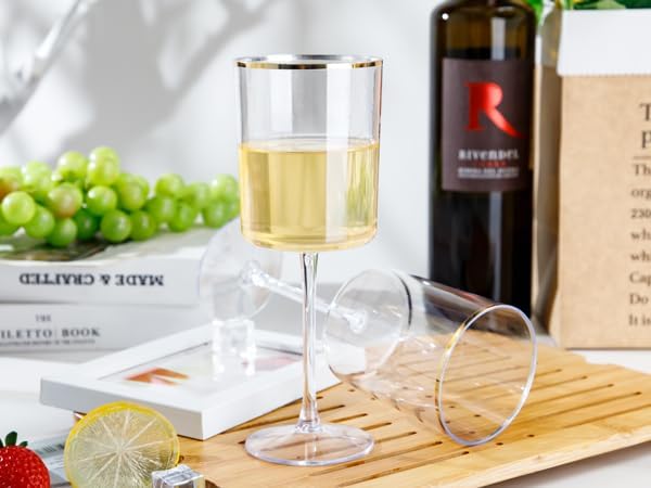 Ciaell 12 Pack Plastic Wine Glasses - 10 Oz Plastic Wine Glasses with Stem - Gold Rim Disposable