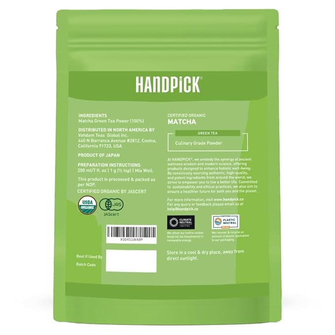 HANDPICK Japanese Organic Matcha Green Tea Powder (100 Servings) - Authentic Premium Second Flush