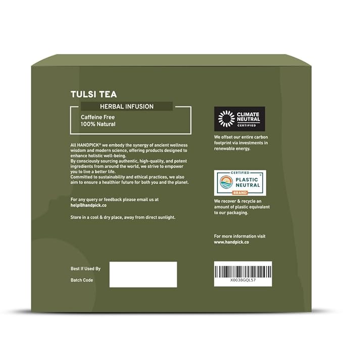 HANDPICK, Holy Basil Tea Bags (100 Count) Caffeine Free, Non-GMO Tulsi Leaves- Tulsi Tea | Round