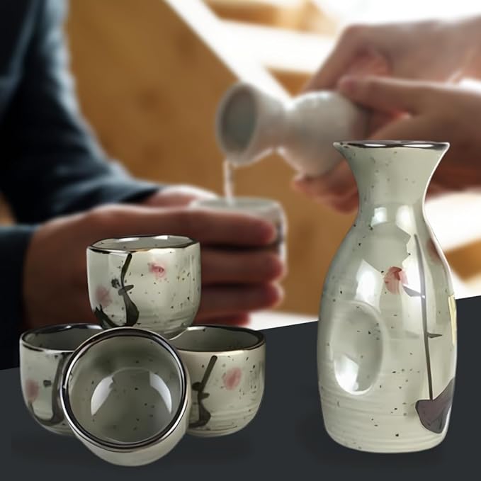 JapanBargain 3327, Japanese Plum Porcelain Sake Set Sake Carafe Bottle Sake Cups for Serving Hot