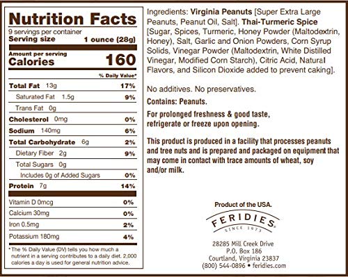 FERIDIES Virginia Peanuts, Thai Turmeric Chili Flavor, 9 Oz, All Natural, Non GMO, Kosher Certified