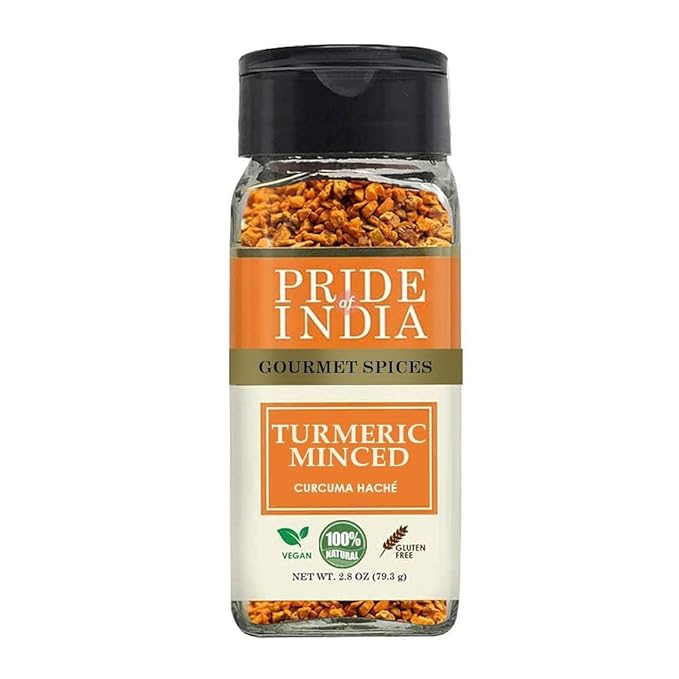 Pride Of India- Gourmet Turmeric Minced Whole- 2.8 oz (79.3gm) Small Dual Sifter Jar- An Exquisite
