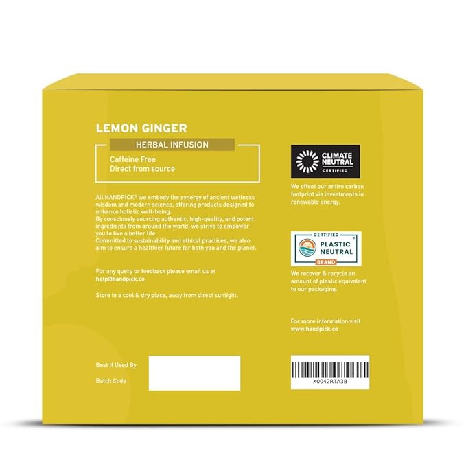 HANDPICK, Lemon Ginger Herbal Tea - 100 Pyramid Tea Bags | 100% Natural Ingredients, Tasty &