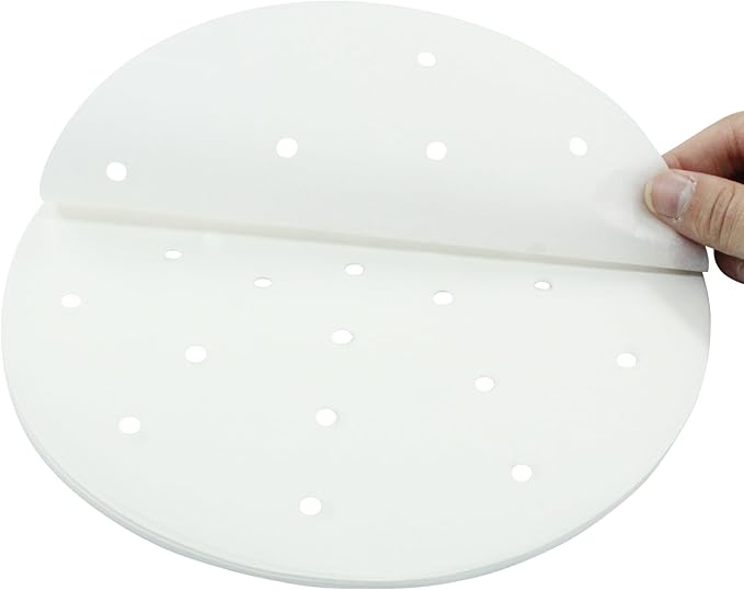 100 Pack 9 Inch Bamboo Steamer Liner - Round Air Fryer Parchment Paper with Holes - White Non Stick