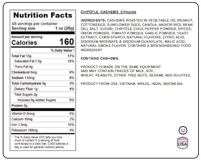 Hot & Spicy Chipotle Flavored Cashews 3 Pound Resealable Pouch | Bold & Crunchy Snack | Gourmet