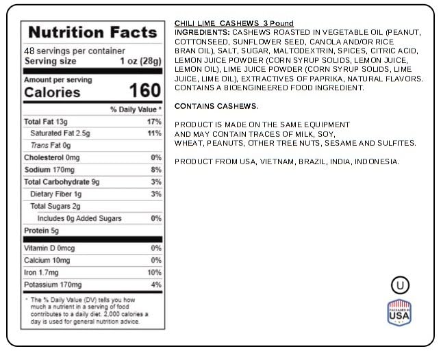 Chili Lime Cashews 3 Pounds - Spicy & Tangy Flavored Cashew | Resealable Bag | Gourmet Roasted Nuts