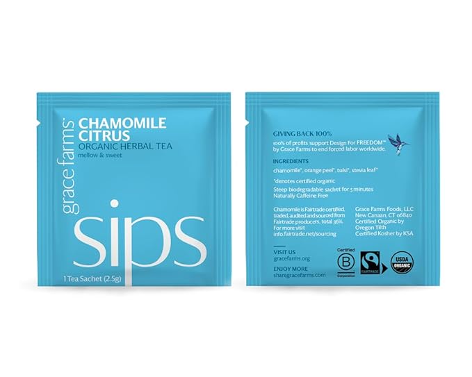 Grace Farms Organic CHAMOMILE CITRUS Herbal Tea (100 Enveloped Pyramid Sachets w/ String & Tag) |
