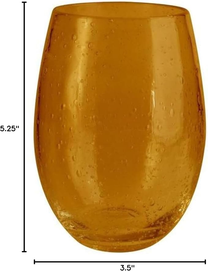 Artland Stemless Wine Glass, Set of 4 | Iris Seeded Design, Amber | Drinking Glass for Parties and