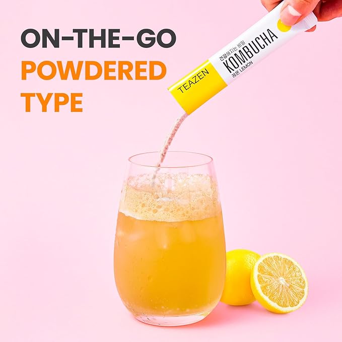 TEAZEN Lemon Kombucha Tea, Hydration Drink Mix, Sugar Free, Live Probiotics & Prebiotics, 30