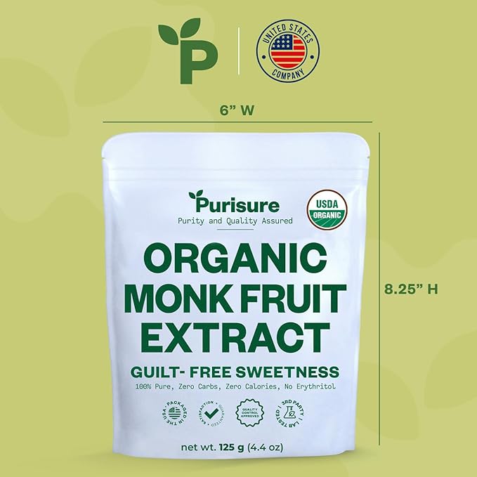 Organic Monk Fruit Sweetener, 125g (4.41oz), No Fillers Pure USDA Organic Monk Fruit Extract Powder