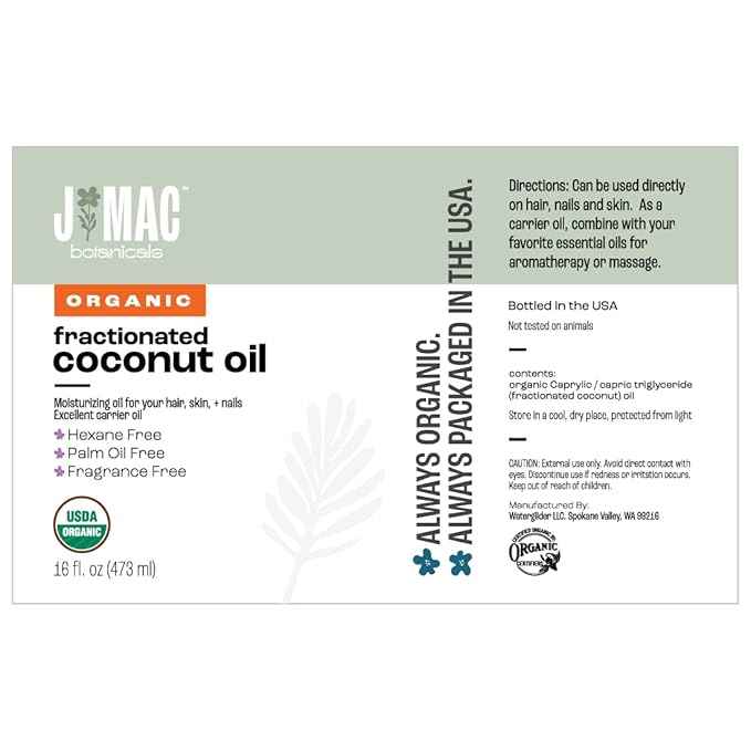 J MAC BOTANICALS Organic Fractionated Coconut Oil (16 Ounce Glass Bottle) Organic Carrier Oil and
