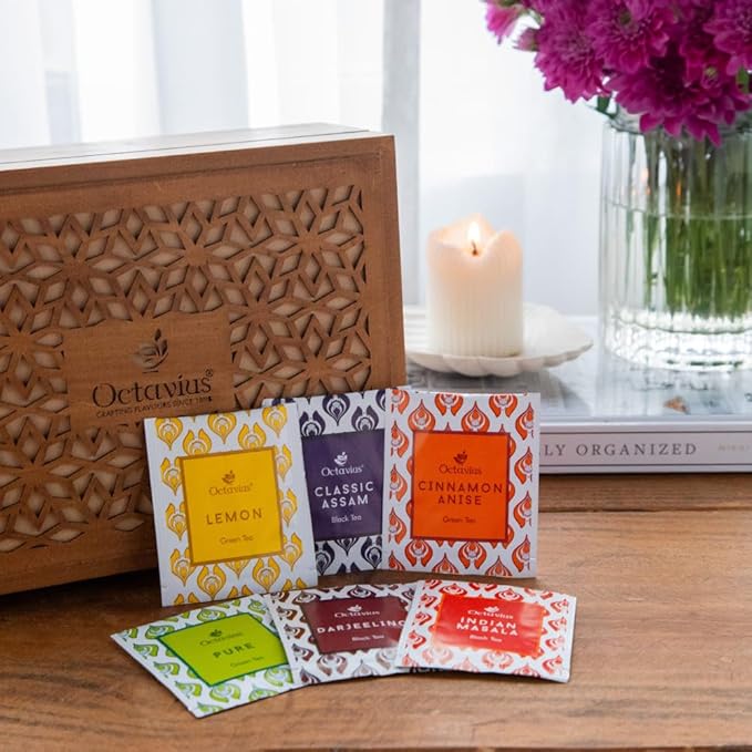Octavius Floral Cutwork Wooden Tea Sampler Box | Tea Variety Pack Sampler | Green & Black Tea