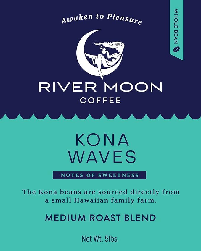 River Moon Coffee, Kona Coffee Whole Bean, Medium Roast, 5 lbs, Kona Waves Hawaiian Blend
