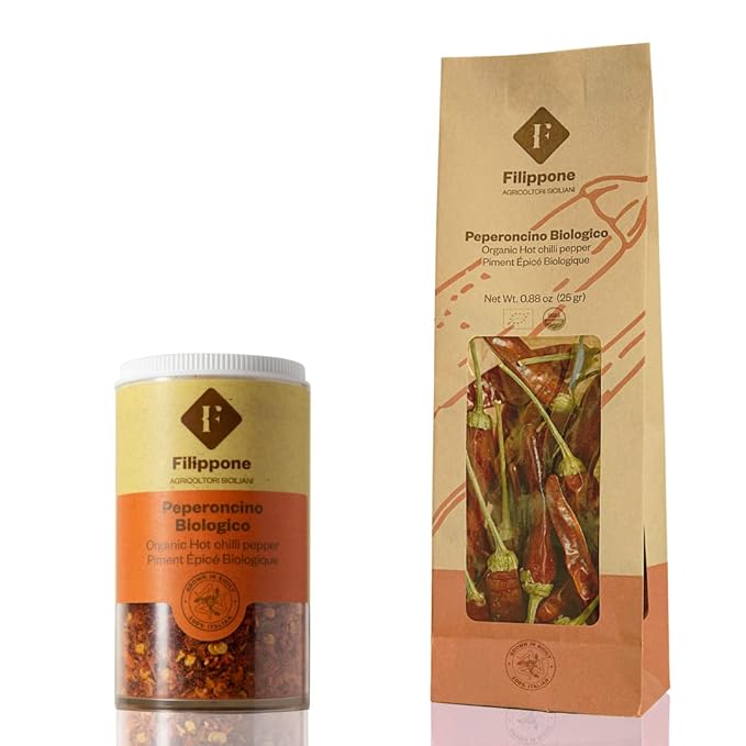 FILIPPONE - Organic Whole Dried Chili Peppers, on Stem, 25 g (0.88 oz), Spicy Sicilian Pepperoncino