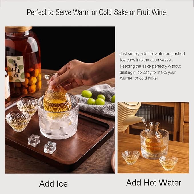 Glass Sake Set, Clear Glass Sake Bottle Set Including 1 Warming Mug, 1 Sake Pot, 4 Sake Cups, Sake