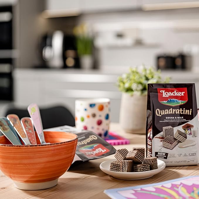 Loacker Quadratini Cocoa & Milk Wafer Cookies LARGE - 30% Less Sugar - Premium Crispy Bite Size