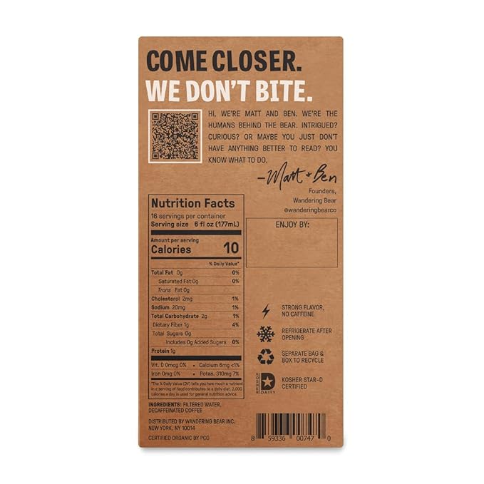 Wandering Bear Decaf Cold Brew Coffee On Tap, 96 fl oz - Bold, Smooth, Unsweetened, Shelf-Stable