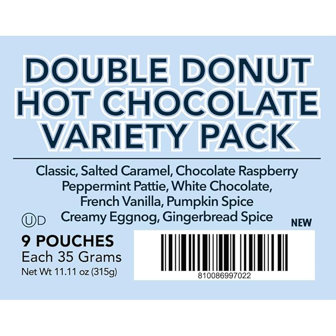 Double Donut Flavored Hot Chocolate Packets Variety Pack, 9 Count Includes Classic, Chocolate