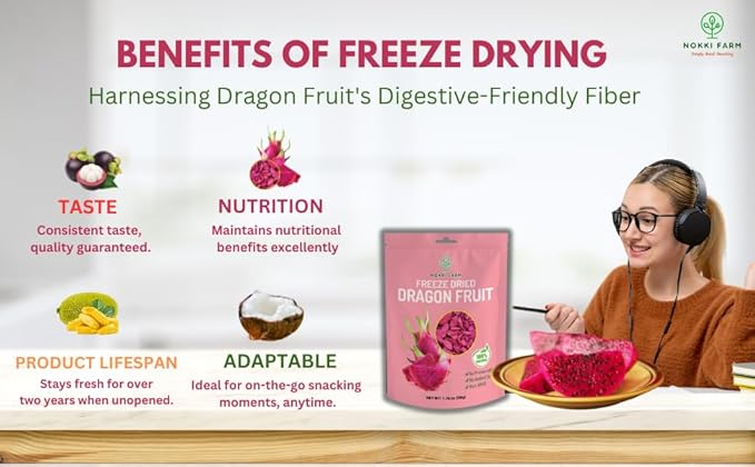 NOKKI FARM Freeze Dried Dragon Fruit - Healthy & Exotic Tropical Superfood Snacks, No Added Sugar