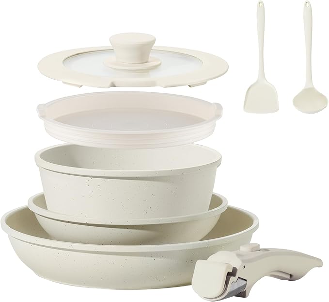 8pcs Ceramic Pots and Pans Set, Non Stick Cookware Set, Detachable Handle Cookware, Induction