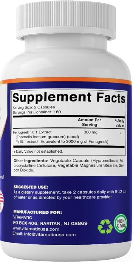Vitamatic Fenugreek Capsules Extra Strength 3000 mg Equivalent Per Serving (from 10:1 Extract 300