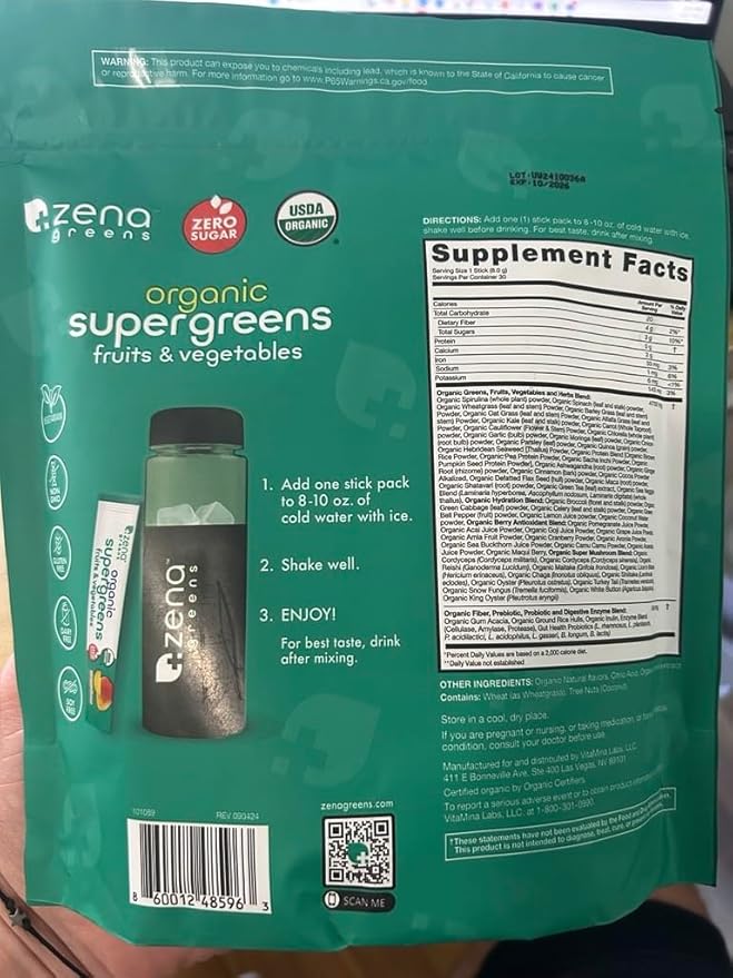 Zena Nutrition Organic Super Greens Powder, 70+ Superfoods, 0 Sugar, 3G Fiber, Spirulina