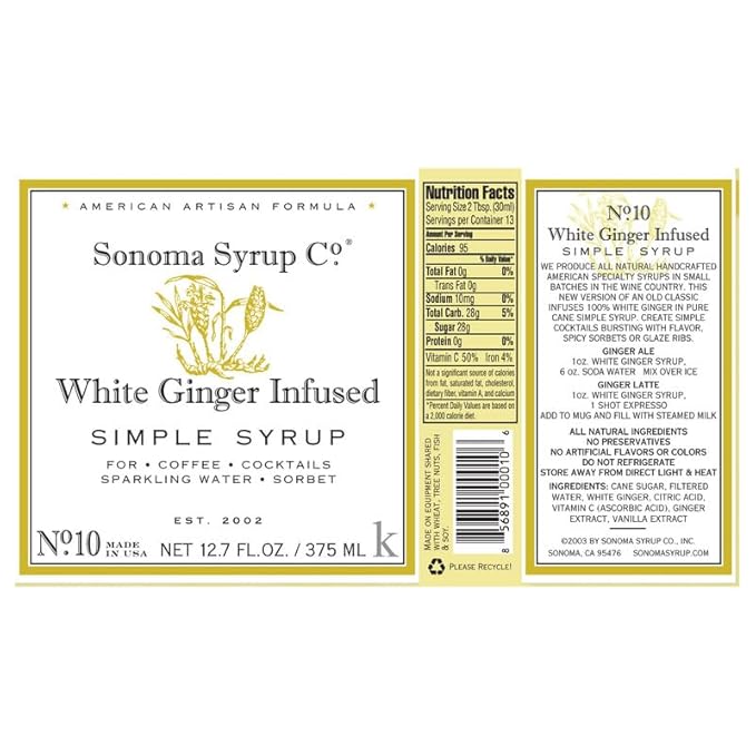 Sonoma Syrup Co. White Ginger Infused Simple Syrup 12.7 fl oz | for Cocktails, Tea, and Baking |