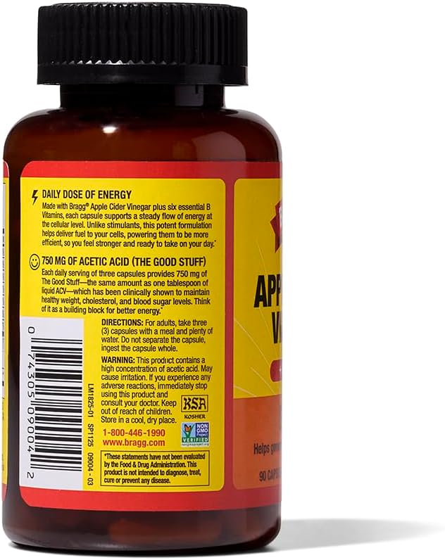 Bragg Energy Apple Cider Vinegar Capsules with B-12 Vitamins - 90 Capsules (2 Pack) – Weight