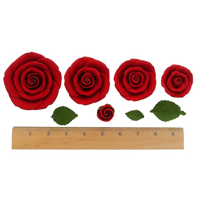Global Sugar Art Edible Exquisite Rose & Leaf Tray Sugar Cake Flowers, Red Unwired, 5 Count by Chef