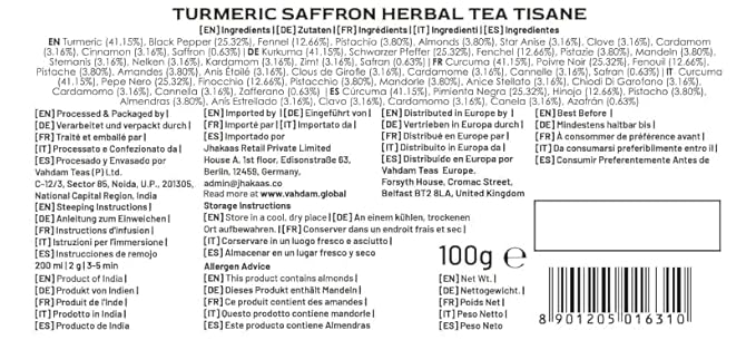 VAHDAM, Turmeric Saffron Herbal Tea Loose Leaf 100g (50 Cups, 3.5oz) Blend Of Turmeric Tea, Saffron