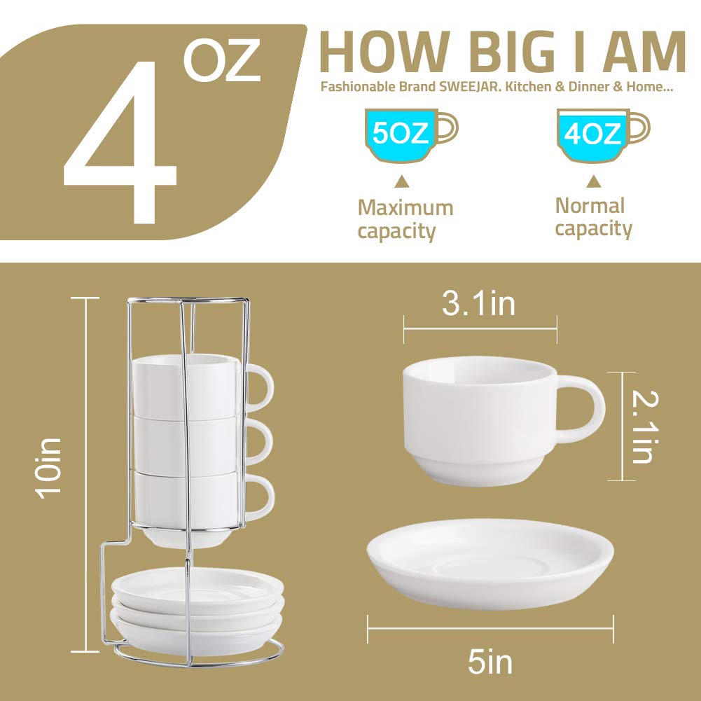 Sweejar Ceramic Espresso Cups with Saucers, 4 Ounce Stackable Cappuccino Cups with Metal Stand for