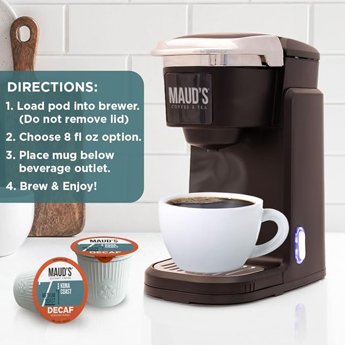 Maud's Decaf Kona Coffee Pods,100 ct, Decaffeinated Medium Roast Coffee in Recyclable Single Serve