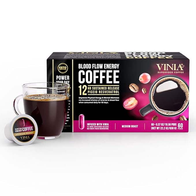 VINIA Blood Flow Energy Coffee Pods - Medium Roast Infused with Red Grape Piceid Resveratrol for