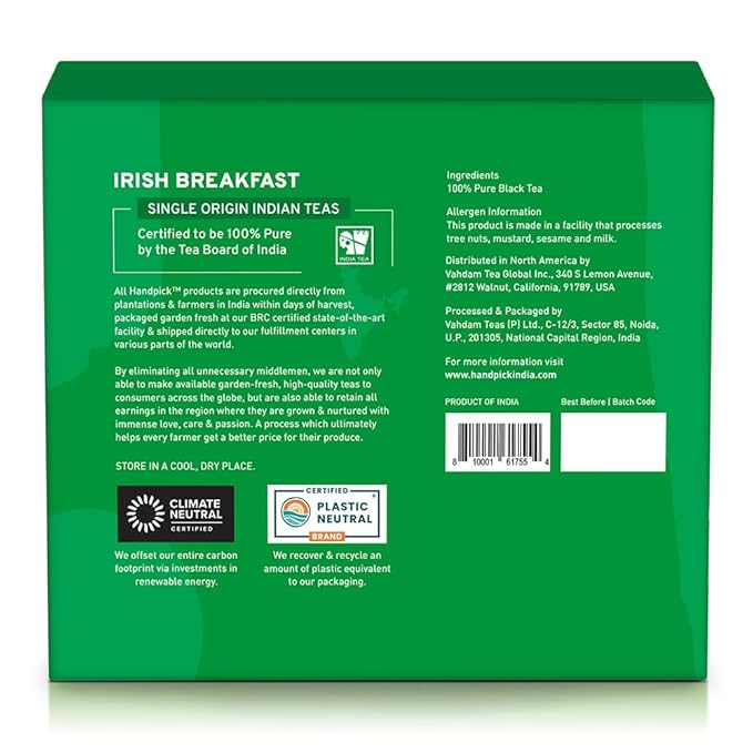 HANDPICK, Irish Breakfast Black Tea Bags (100 Count) Gluten-Free, Non-GMO | Strong, Robust & Bold
