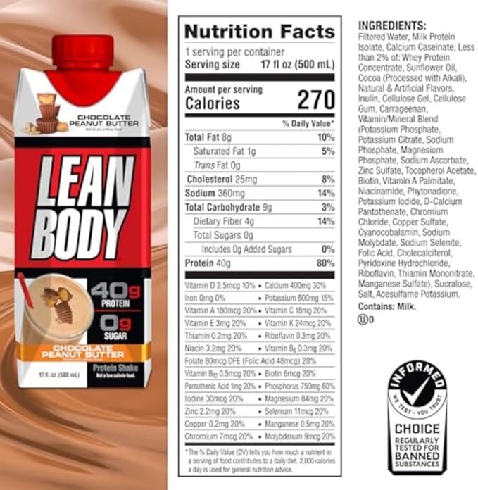 Lean Body Ready-to-Drink Protein Shake, 40g Protein, Whey Blend, 0 Sugar, Gluten Free, 22 Vitamins