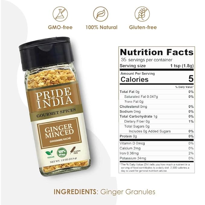 Pride of India – Ginger Minced Whole – Gourmet Spice – Rich in Antioxidant – Potent Flavor - Great