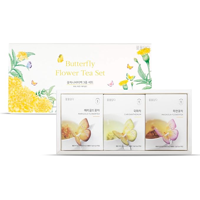 KKOKDAM Fancy Korean Tea Set Sampler – 3 Flavor Yellow Teas, Variety Pack with Butterfly Bags
