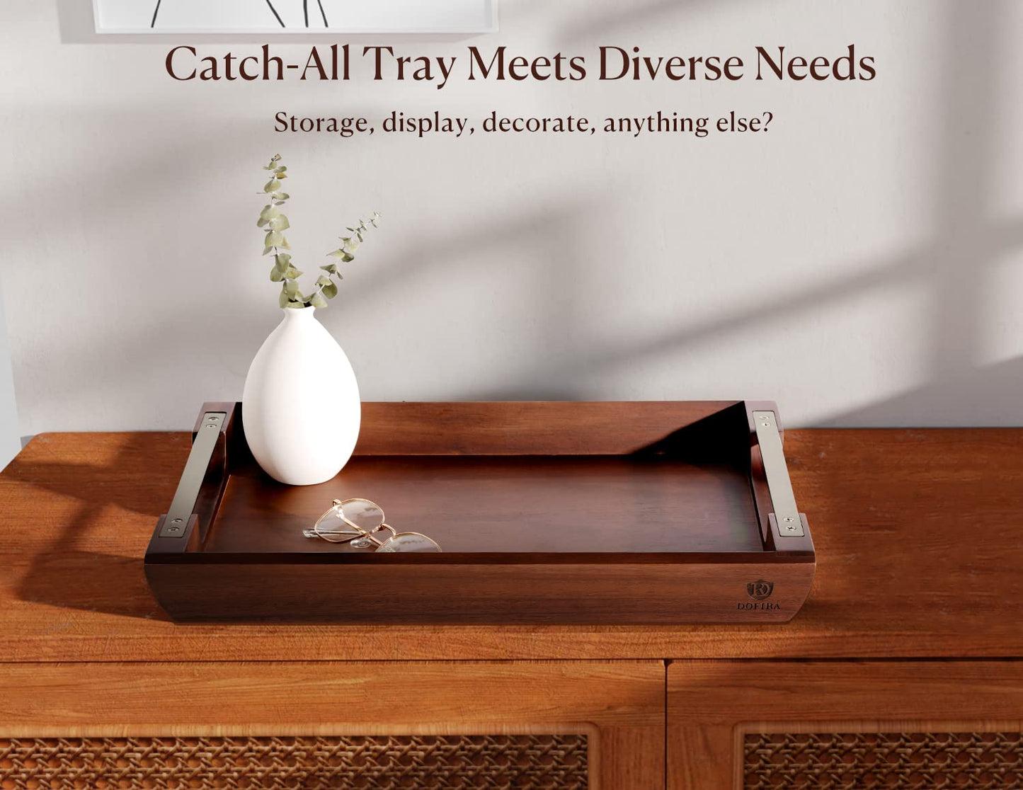 DOFIRA Acacia Wood Serving Tray with Metal Handle, 17x13in Tray for Ottoman