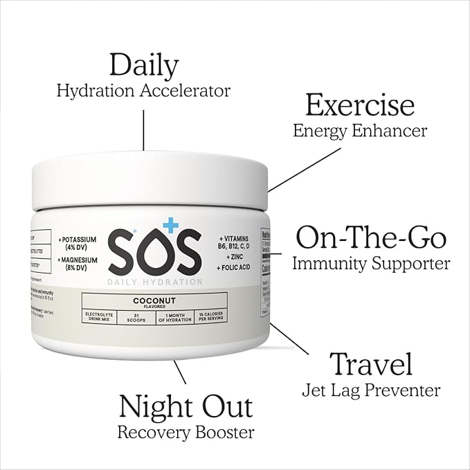 SOS Hydration Coconut Electrolyte Drink Mix (31 Servings) ??Low Sugar, 15 Calorie, Keto-Friendly &