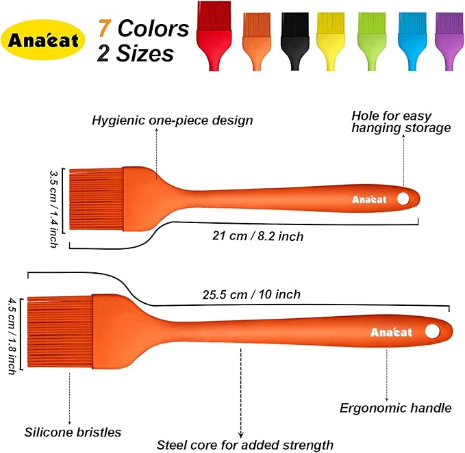 Anaeat Silicone Basting Pastry Brush- 2 Pack Heat Resistant Brushes with Soft Bristles, Hygienic