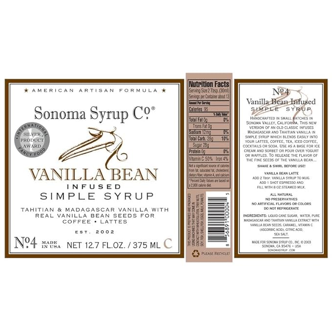 Sonoma Syrup Co. Vanilla Bean Infused Simple Syrup 12.7 fl oz | for Coffee, Tea, and Baking | Hand