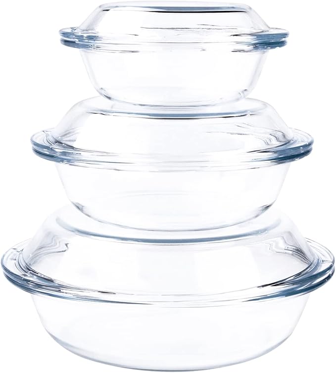 Set of 6 Round Glass Casserole Dishes, Nesting Glass Baking Dish Set with Lid, Oven, Freezer and