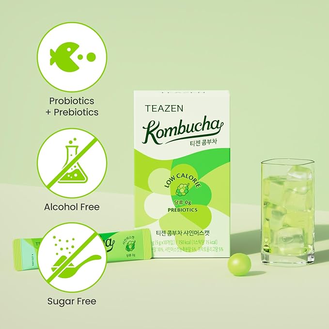 TEAZEN Shine Muscat Kombucha Tea, Electrolyte Powder & Hydration Drink Mix, Sugar Free, Live