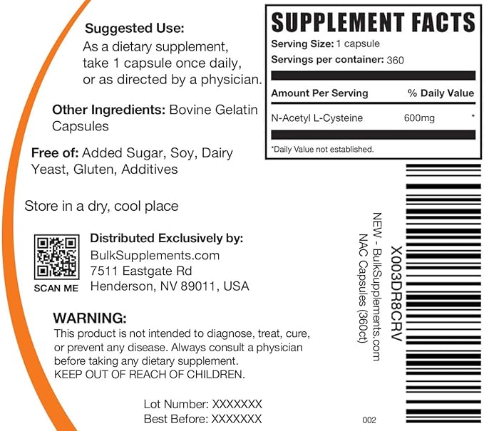 BulkSupplements.com N-Acetyl L-Cysteine Capsules - N-Acetyl Cysteine 600mg, NAC Supplement - 600mg