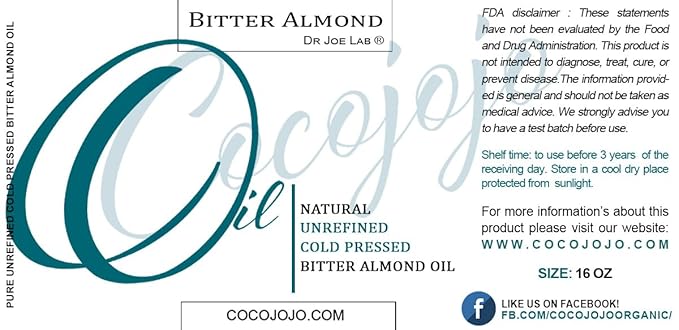 cocojojo Pure Bitter Almond 16 oz 1 pint Oil Unrefined Cold Pressed Extra Virgin All Natural