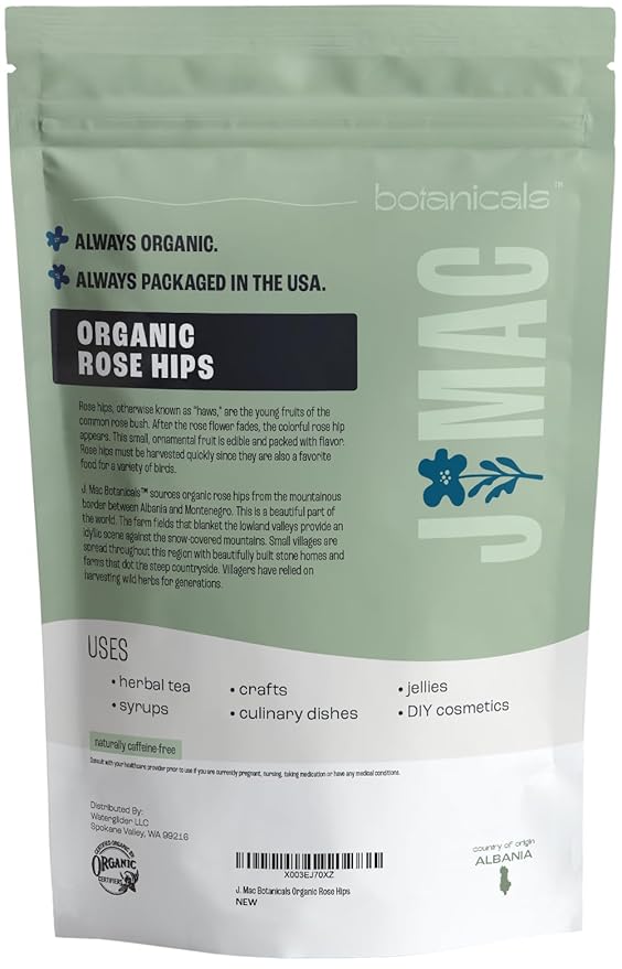 J MAC BOTANICALS Organic Rose Hips (1 Lb Bag) Whole, natural organic dried rose hips for herbal