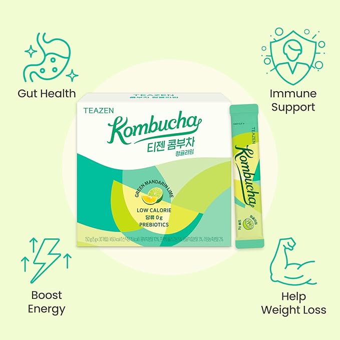 TEAZEN Green Mandarin Lime Kombucha Tea, Hydration Drink Mix, Sugar Free, Live Probiotics &