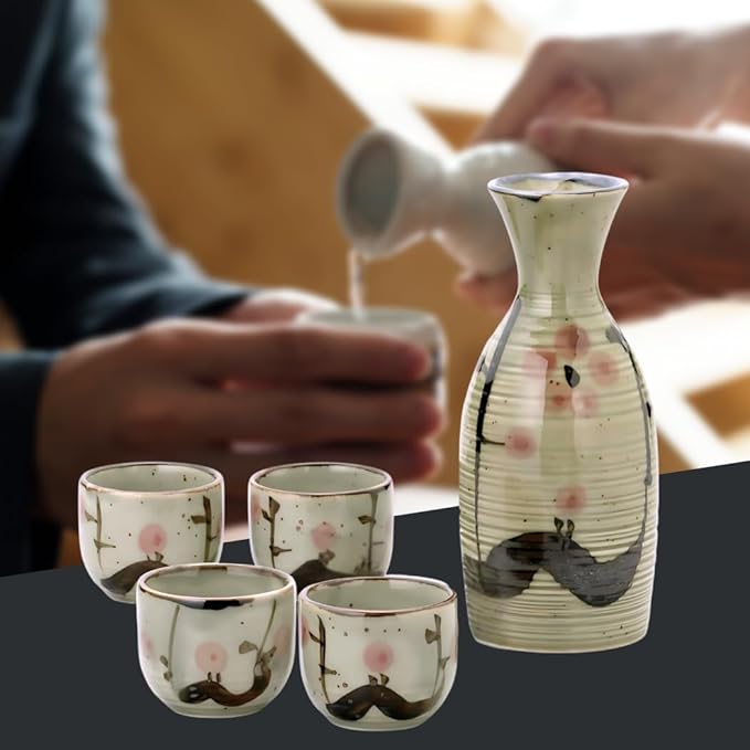 JapanBargain 4977, Japanese Plum Porcelain Sake Set Sake Carafe Bottle Sake Cups for Serving Hot